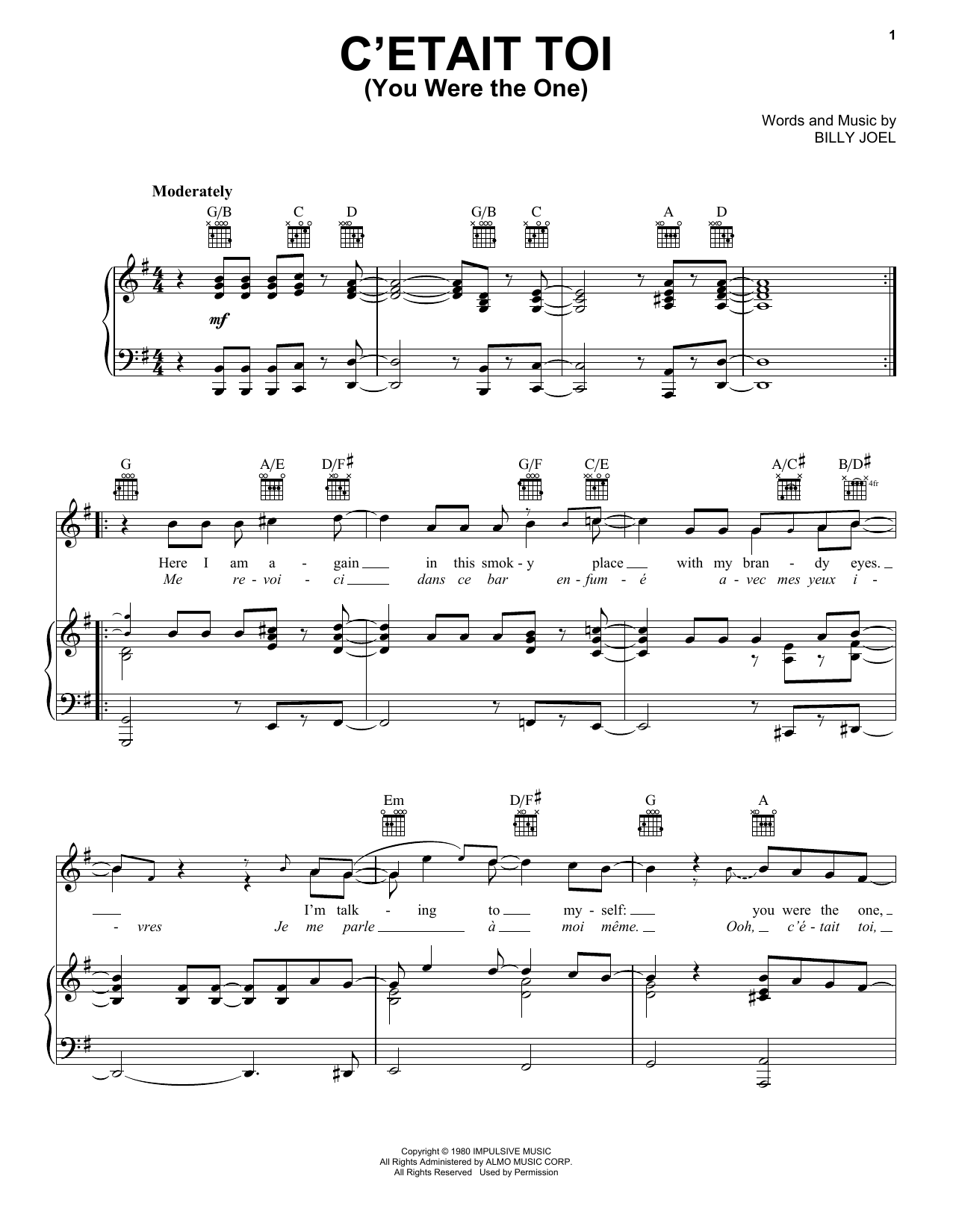 Billy Joel C'etait toi (You Were The One) Sheet Music Notes & Chords for Piano, Vocal & Guitar (Right-Hand Melody) - Download or Print PDF