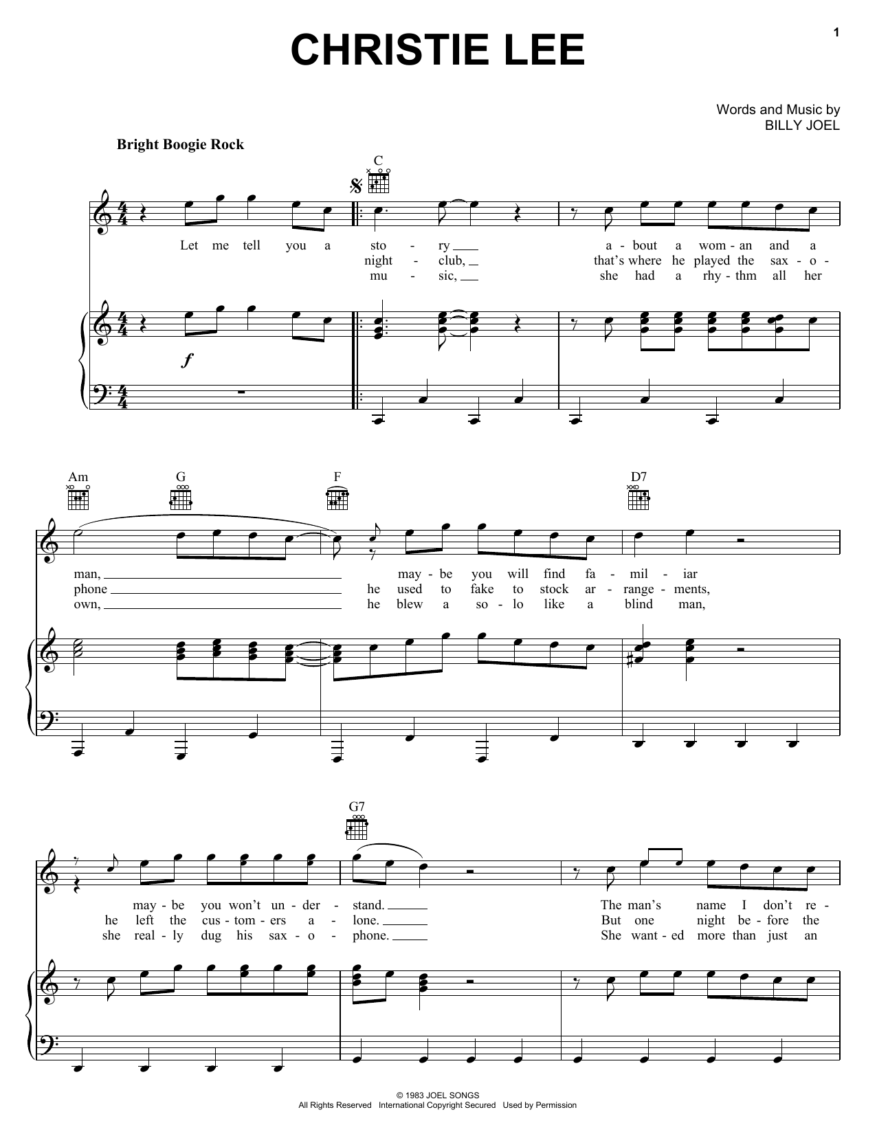 Billy Joel Christie Lee Sheet Music Notes & Chords for Piano, Vocal & Guitar (Right-Hand Melody) - Download or Print PDF