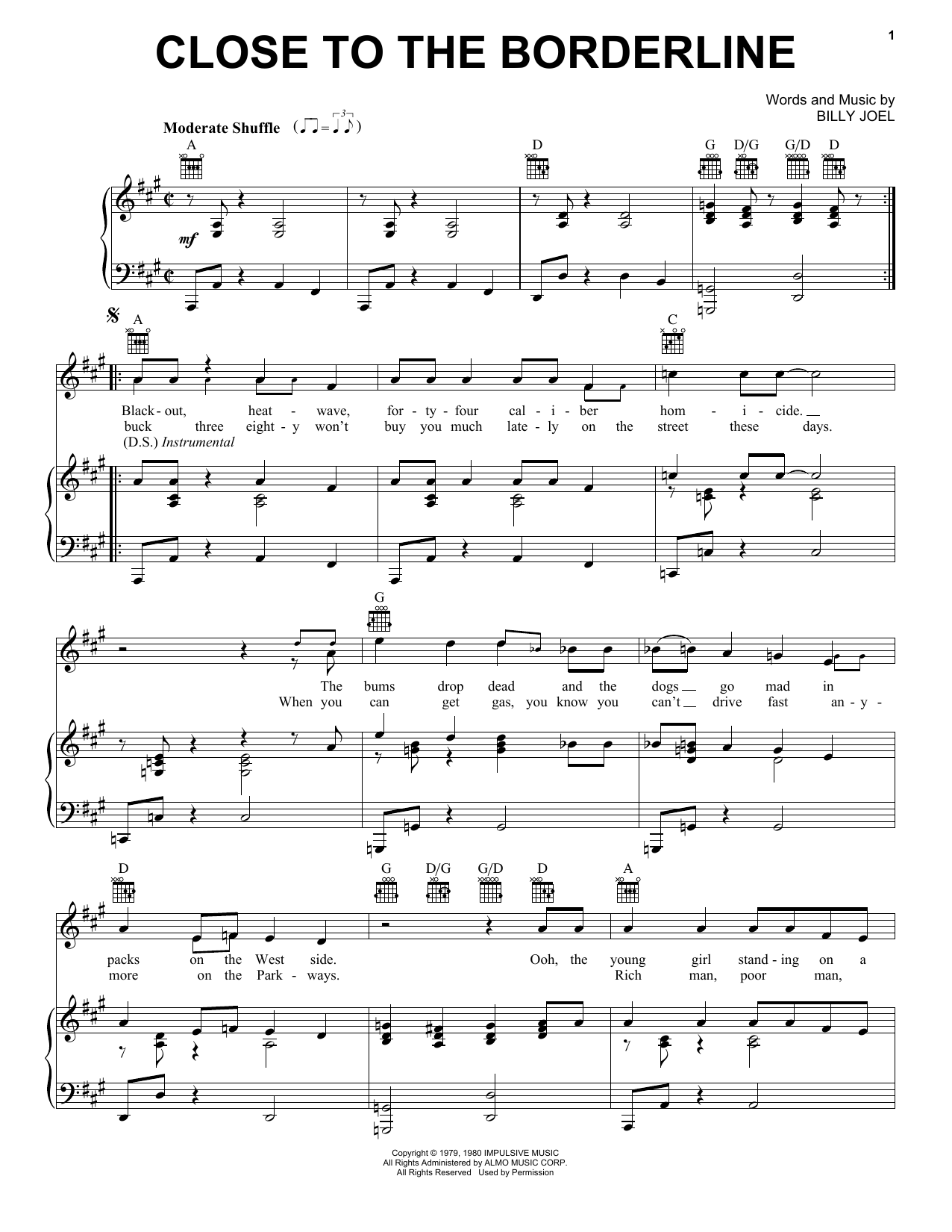 Billy Joel Close To The Borderline Sheet Music Notes & Chords for Piano, Vocal & Guitar (Right-Hand Melody) - Download or Print PDF