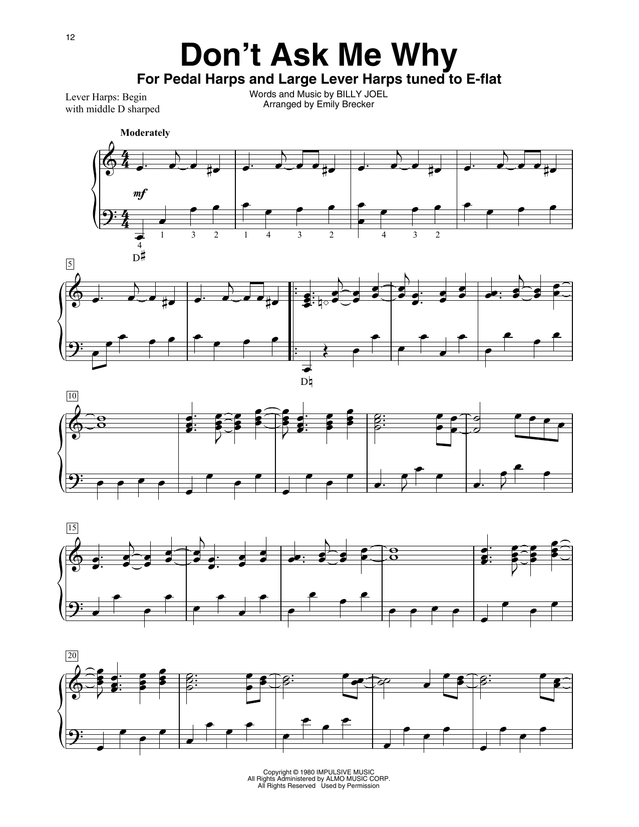 Billy Joel Don't Ask Me Why (arr. Emily Brecker) Sheet Music Notes & Chords for Harp - Download or Print PDF