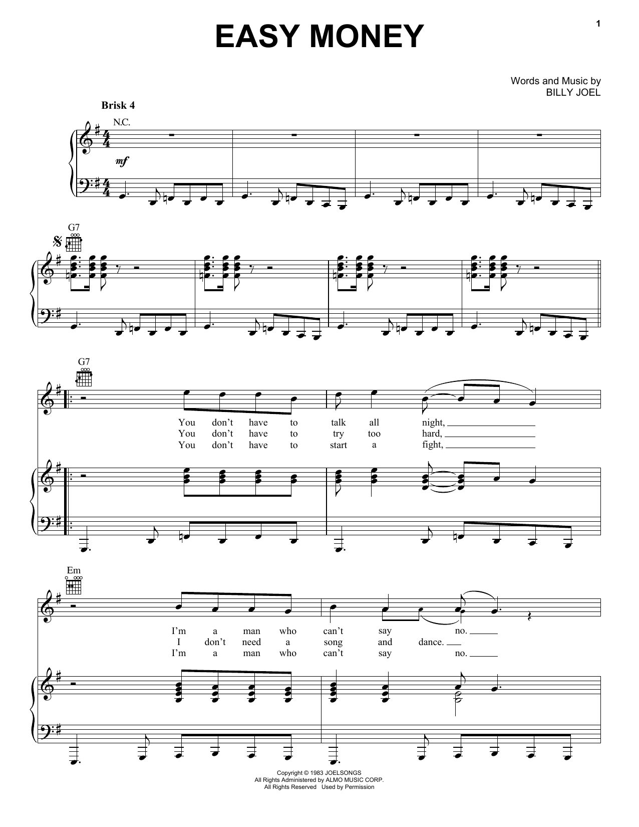 Billy Joel Easy Money Sheet Music Notes & Chords for Piano, Vocal & Guitar (Right-Hand Melody) - Download or Print PDF