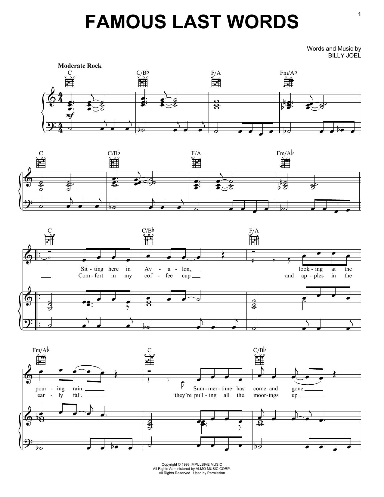 Billy Joel Famous Last Words Sheet Music Notes & Chords for Piano, Vocal & Guitar Chords (Right-Hand Melody) - Download or Print PDF