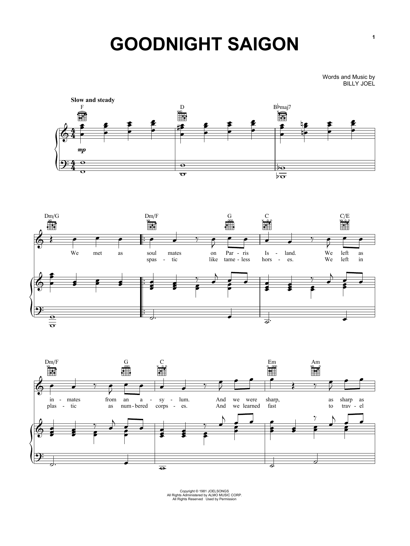Billy Joel Goodnight Saigon Sheet Music Notes & Chords for Lyrics & Piano Chords - Download or Print PDF