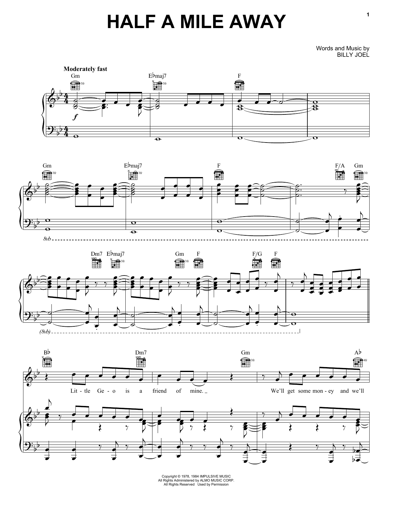 Billy Joel Half A Mile Away Sheet Music Notes & Chords for Piano, Vocal & Guitar (Right-Hand Melody) - Download or Print PDF