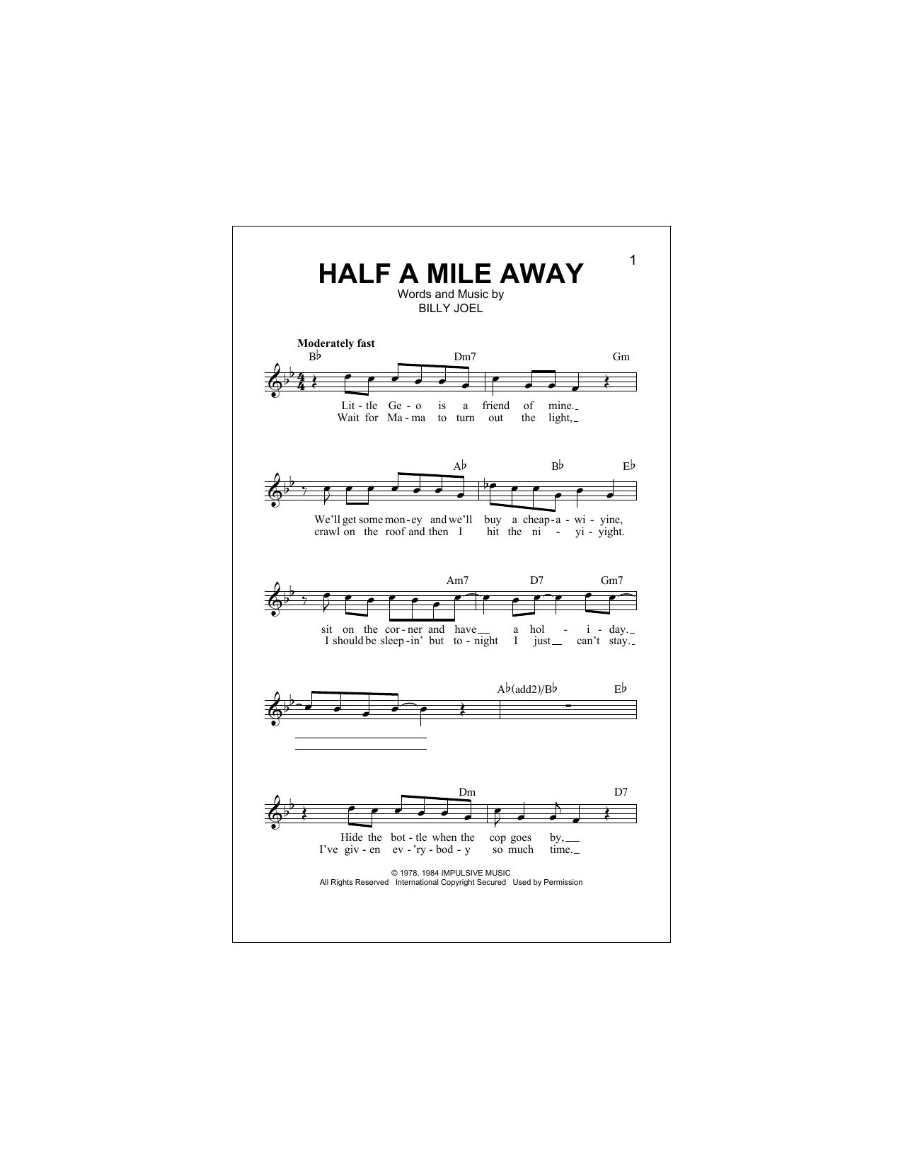 Billy Joel Half A Mile Away Sheet Music Notes & Chords for Melody Line, Lyrics & Chords - Download or Print PDF