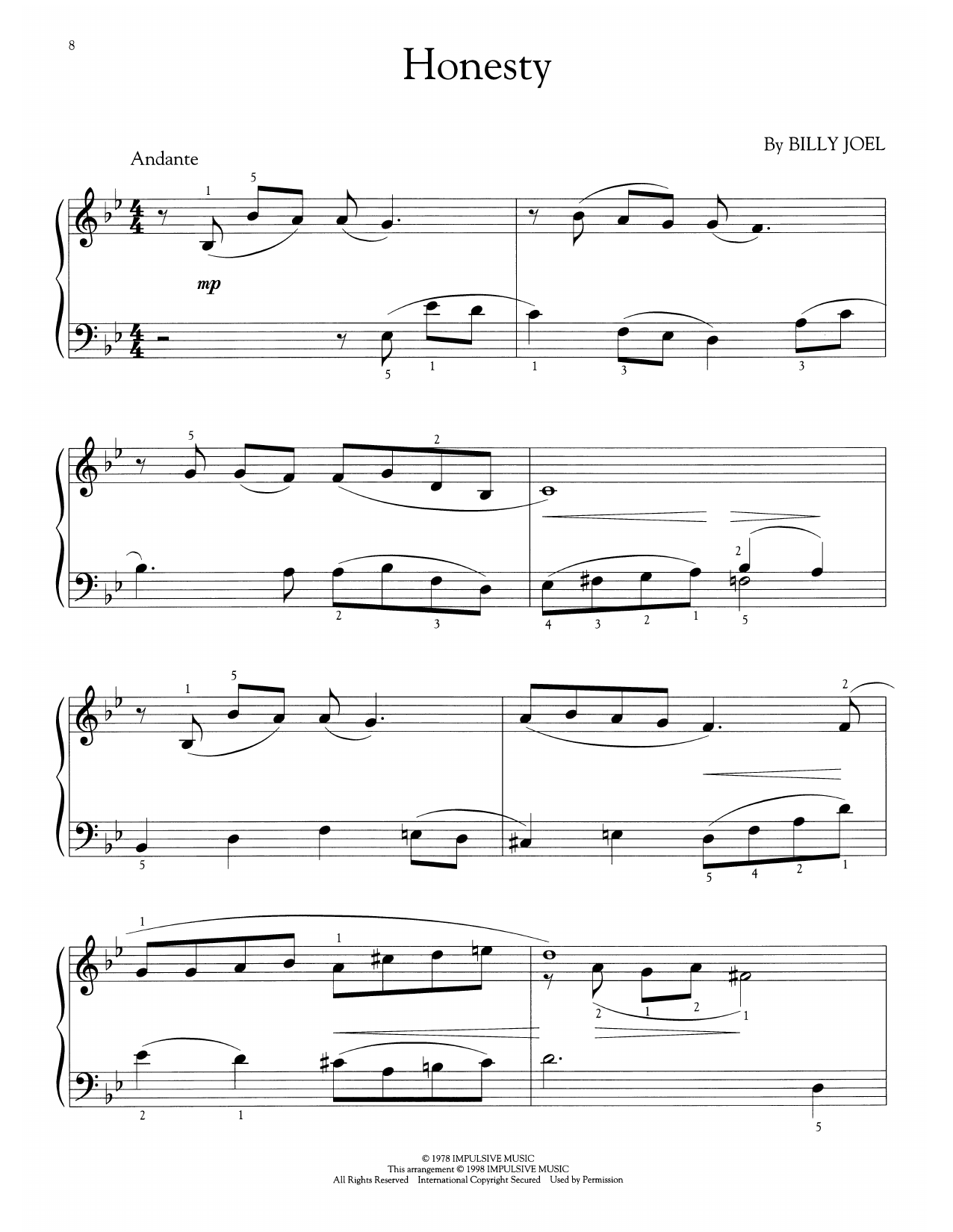 Billy Joel Honesty (arr. Phillip Keveren) Sheet Music Notes & Chords for Easy Piano Solo - Download or Print PDF