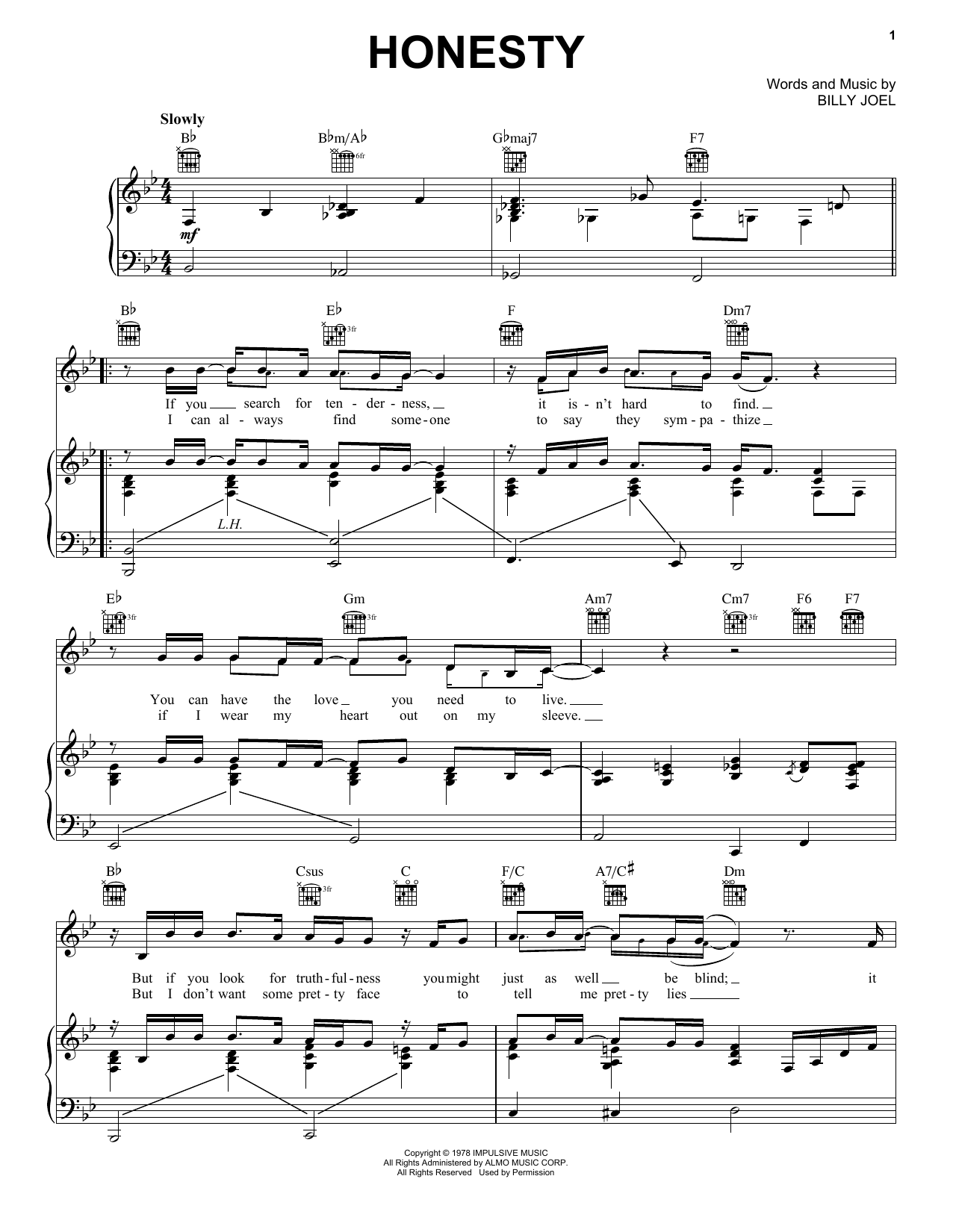 Billy Joel Honesty Sheet Music Notes & Chords for Piano, Vocal & Guitar (Right-Hand Melody) - Download or Print PDF
