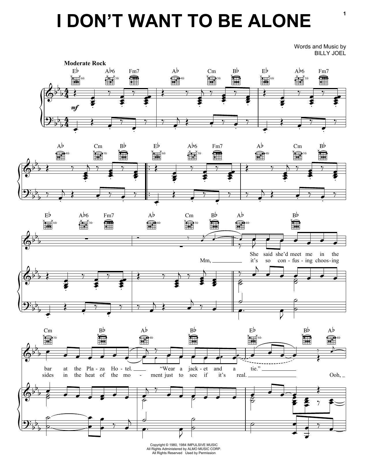 Billy Joel I Don't Want To Be Alone Sheet Music Notes & Chords for Piano, Vocal & Guitar (Right-Hand Melody) - Download or Print PDF