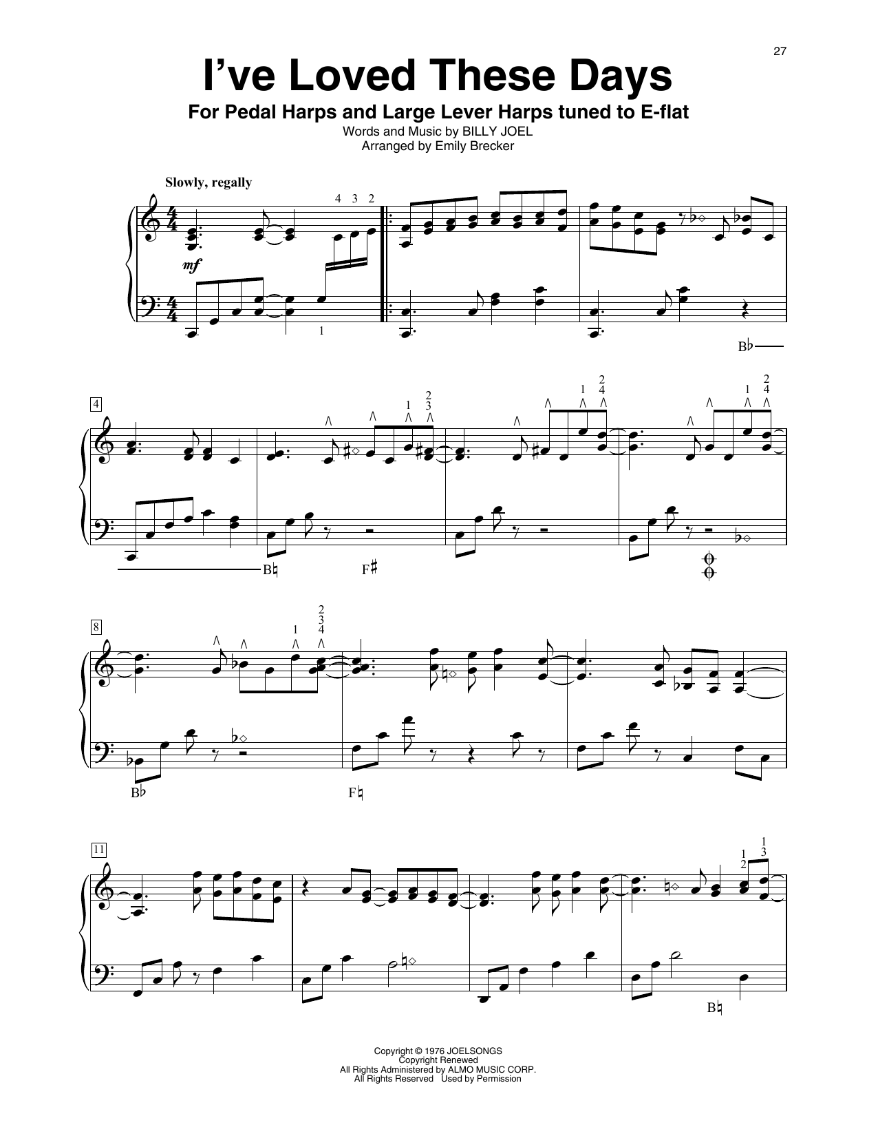 Billy Joel I've Loved These Days (arr. Emily Brecker) Sheet Music Notes & Chords for Harp - Download or Print PDF