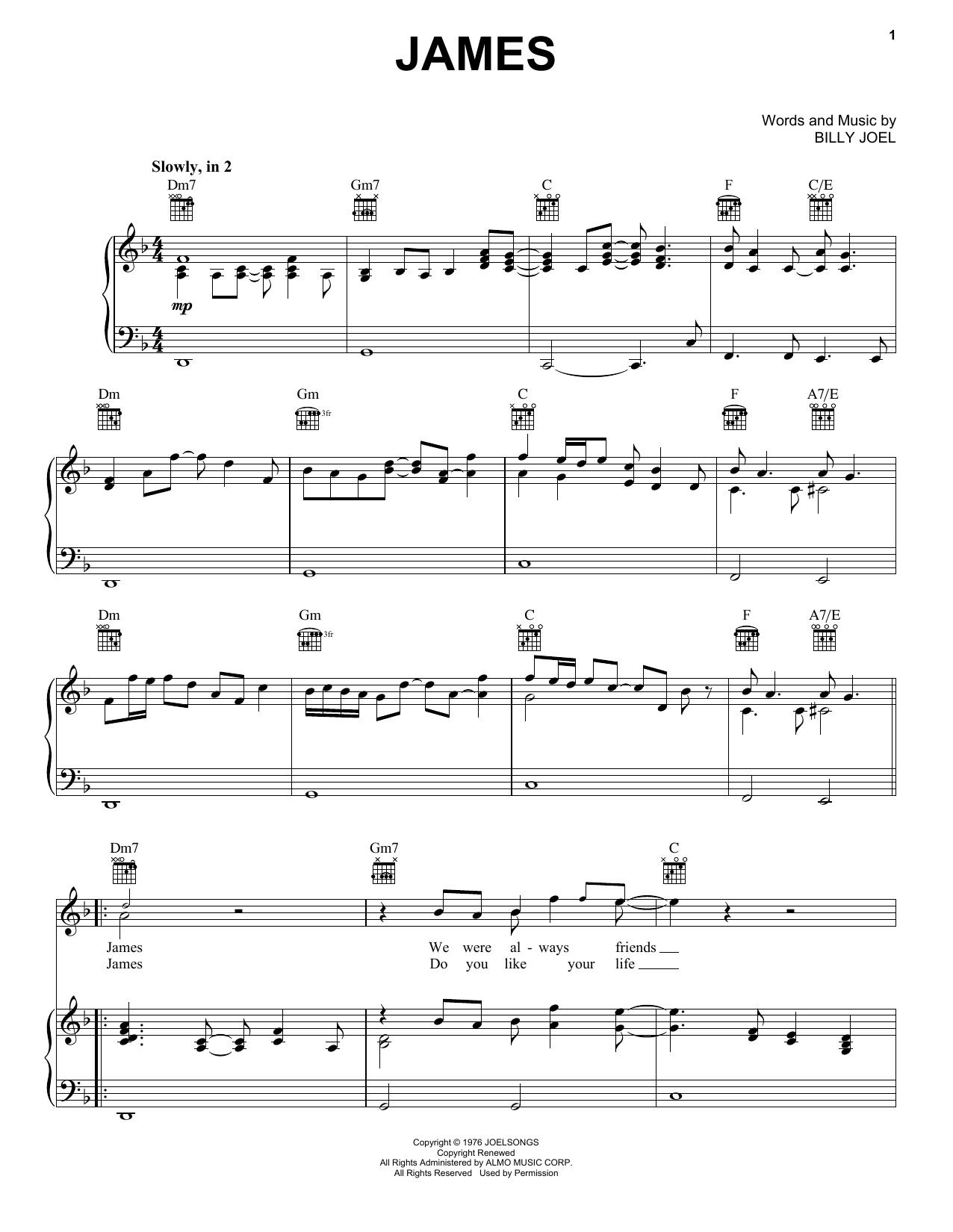 Billy Joel James Sheet Music Notes & Chords for Piano, Vocal & Guitar (Right-Hand Melody) - Download or Print PDF