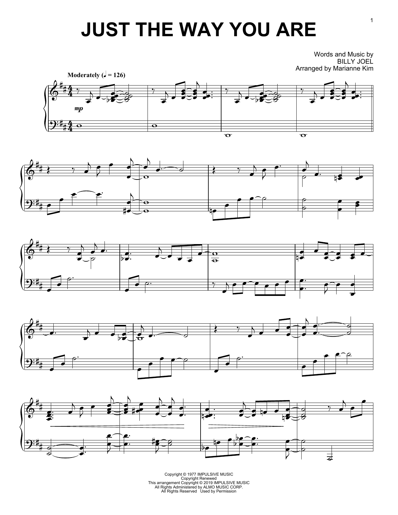 Billy Joel Just The Way You Are (arr. Marianne Kim) Sheet Music Notes & Chords for Piano Solo - Download or Print PDF