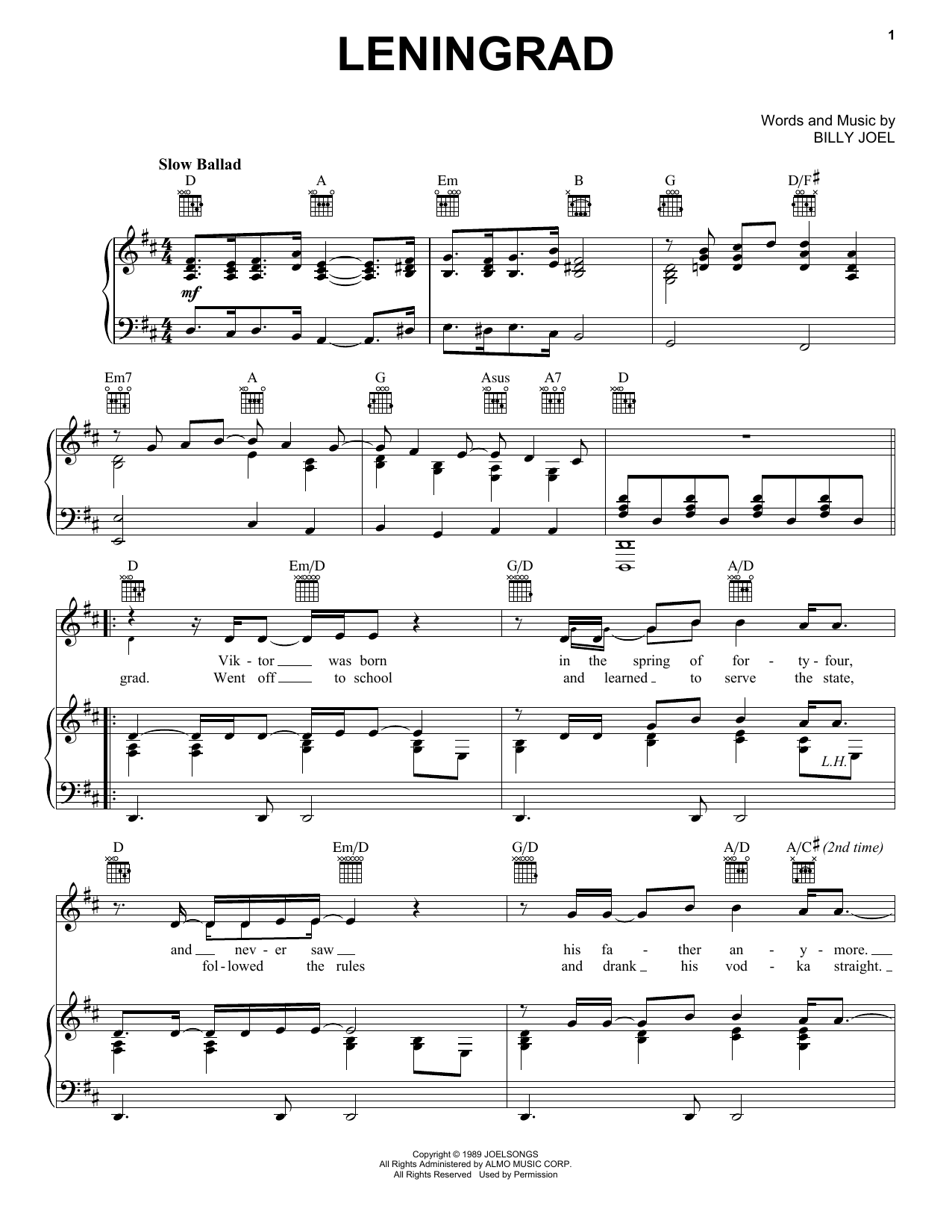 Billy Joel Leningrad Sheet Music Notes & Chords for Melody Line, Lyrics & Chords - Download or Print PDF