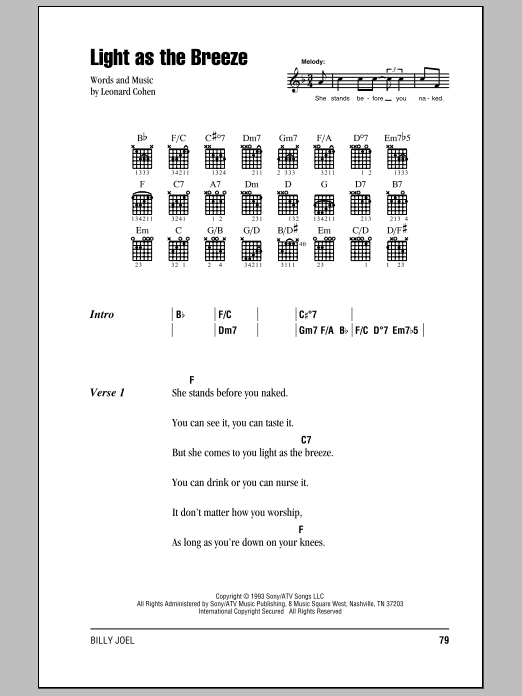 Billy Joel Light As The Breeze Sheet Music Notes & Chords for Lyrics & Piano Chords - Download or Print PDF