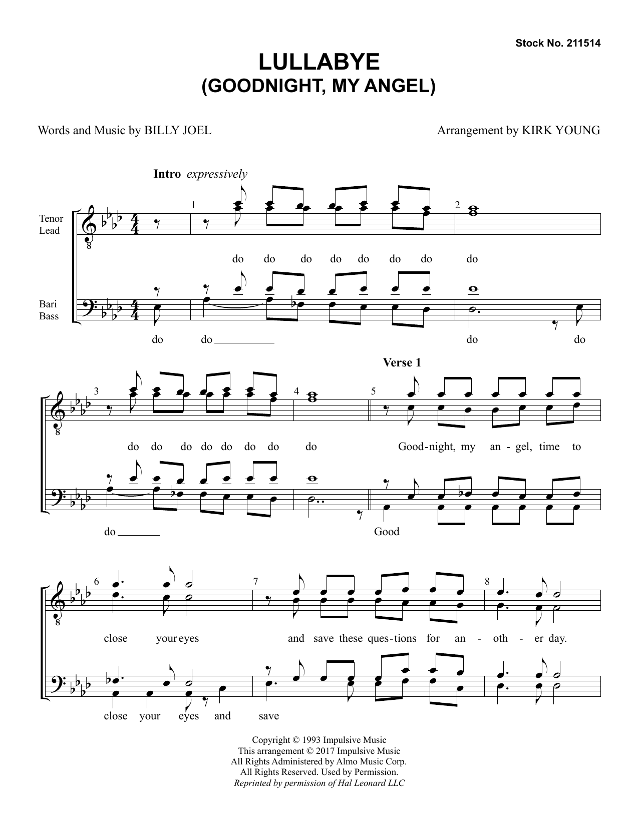 Billy Joel Lullaby (Goodnight My Angel) (arr. Kirk Young) Sheet Music Notes & Chords for TTBB Choir - Download or Print PDF