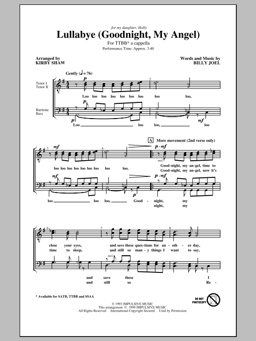 Billy Joel Lullabye (Goodnight, My Angel) (arr. Kirby Shaw) Sheet Music Notes & Chords for SATB Choir - Download or Print PDF
