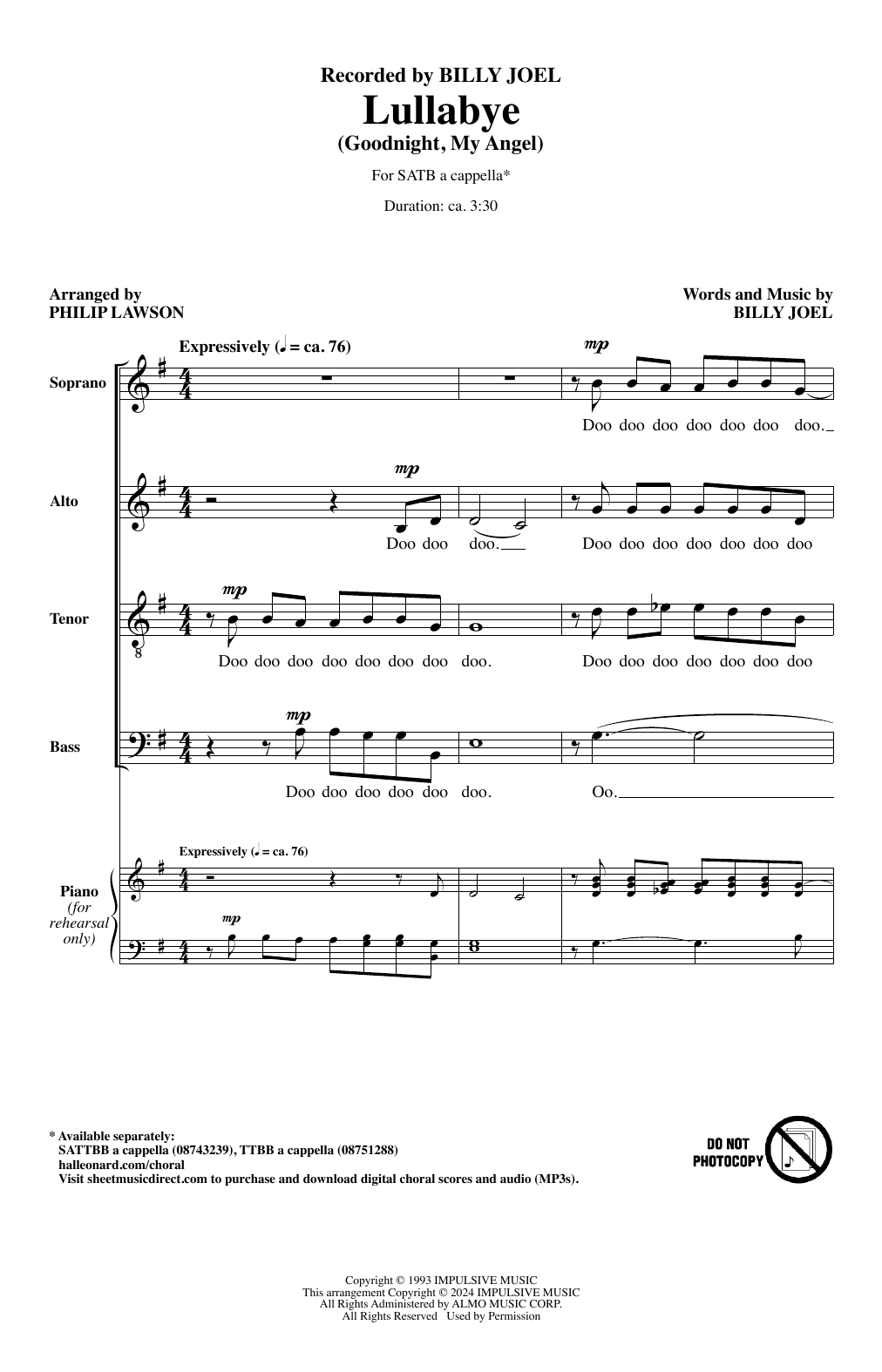 Billy Joel Lullabye (Goodnight, My Angel) (arr. Philip Lawson) Sheet Music Notes & Chords for SATB Choir - Download or Print PDF