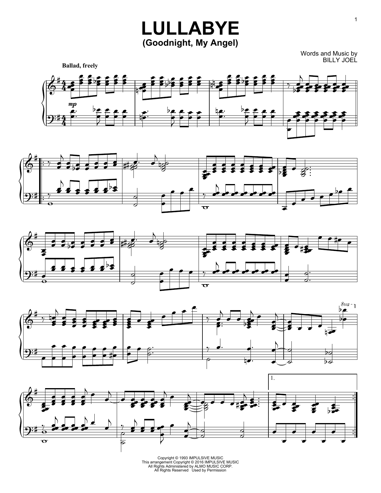 Billy Joel Lullabye (Goodnight, My Angel) [Jazz version] Sheet Music Notes & Chords for Piano - Download or Print PDF