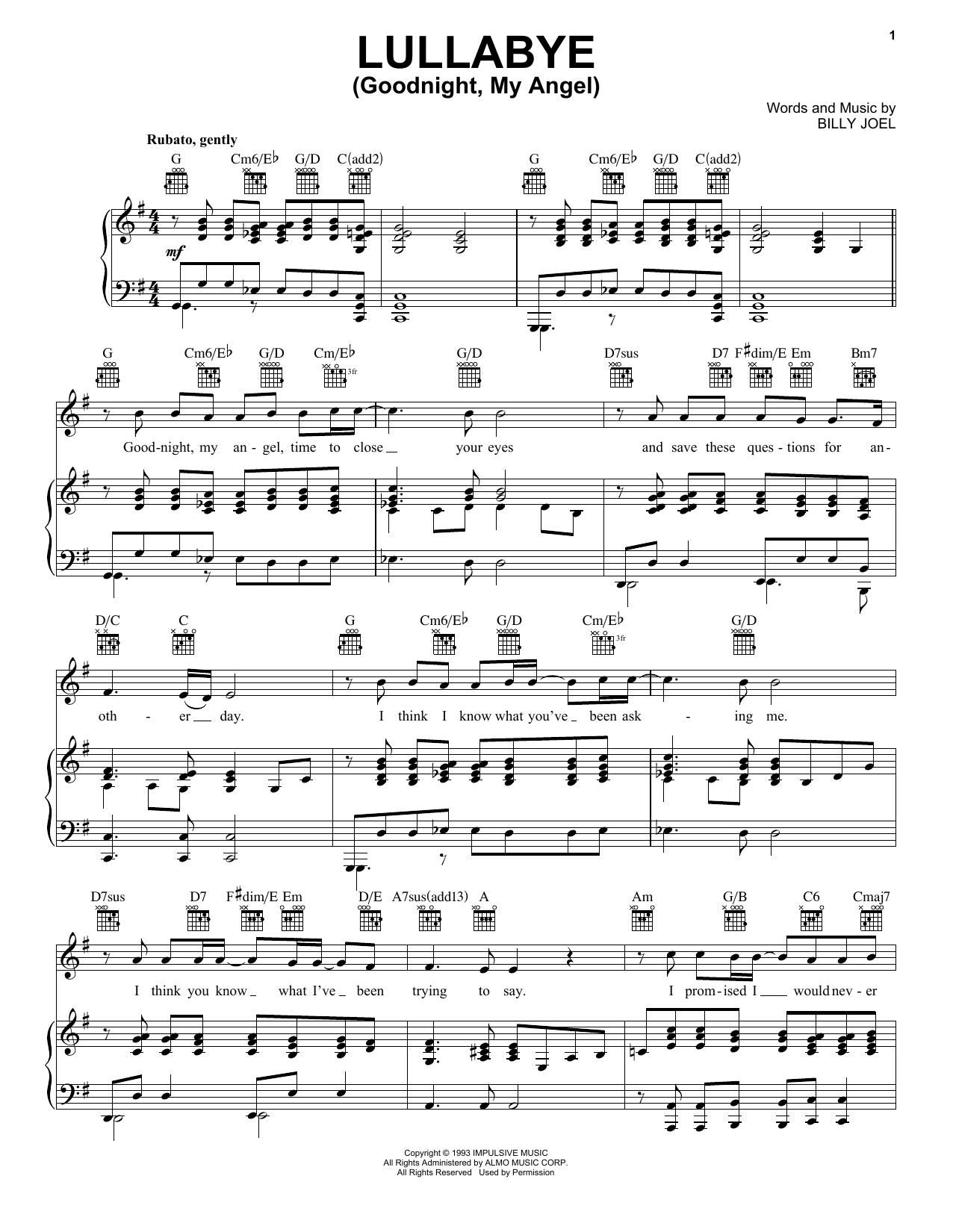 Billy Joel Lullabye (Goodnight, My Angel) Sheet Music Notes & Chords for Piano, Vocal & Guitar (Right-Hand Melody) - Download or Print PDF