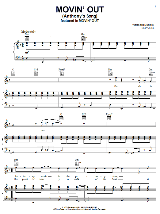 Billy Joel Movin' Out (Anthony's Song) Sheet Music Notes & Chords for Piano & Vocal - Download or Print PDF