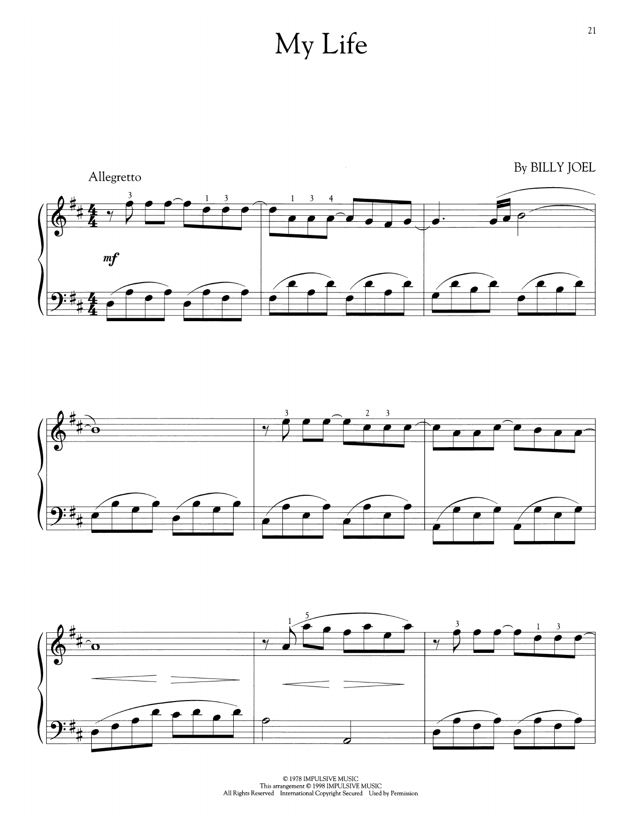 Billy Joel My Life (arr. Phillip Keveren) Sheet Music Notes & Chords for Easy Piano Solo - Download or Print PDF
