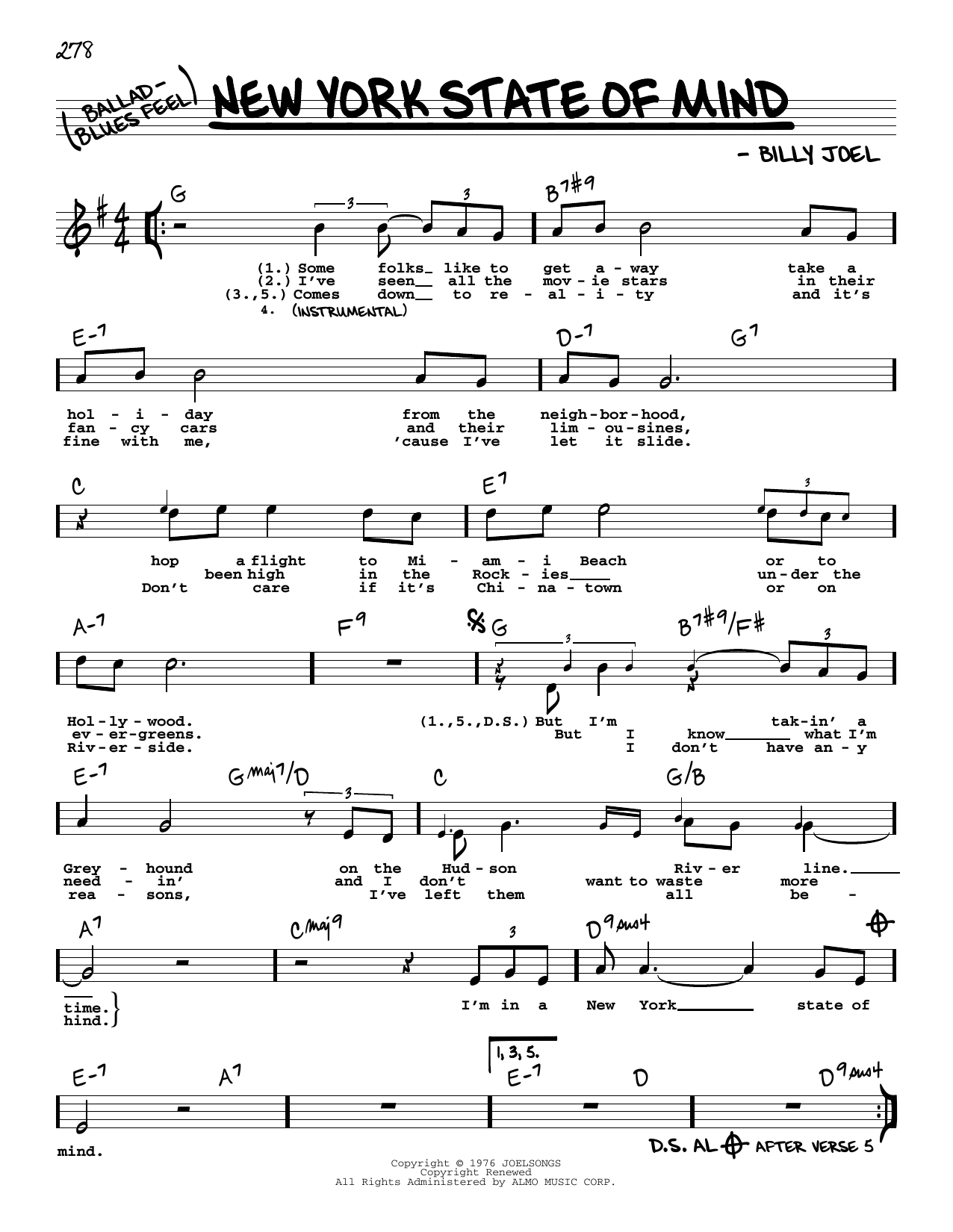 Billy Joel New York State Of Mind (High Voice) Sheet Music Notes & Chords for Real Book – Melody, Lyrics & Chords - Download or Print PDF