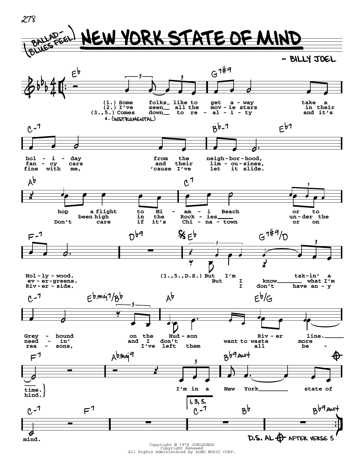 Billy Joel New York State Of Mind (Low Voice) Sheet Music Notes & Chords for Real Book – Melody, Lyrics & Chords - Download or Print PDF