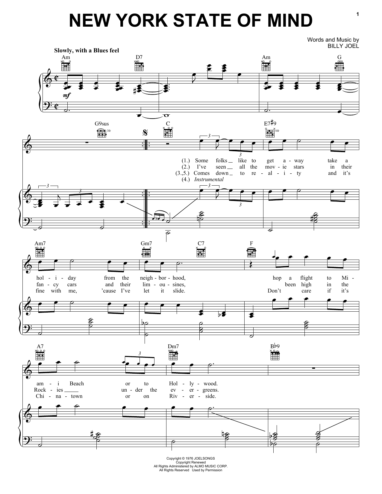 Billy Joel New York State Of Mind Sheet Music Notes & Chords for Piano, Vocal & Guitar (Right-Hand Melody) - Download or Print PDF