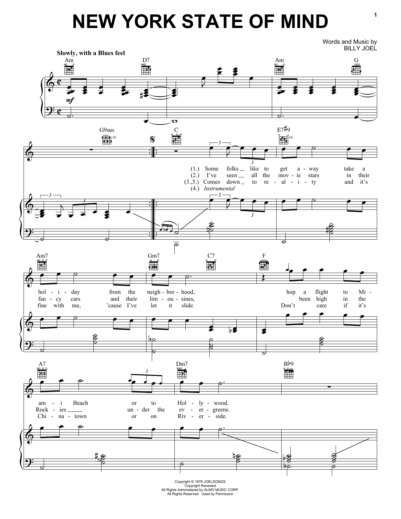 Billy Joel New York State Of Mind sheet music notes and chords. Download Printable PDF.