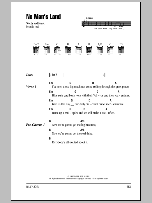 Billy Joel No Man's Land Sheet Music Notes & Chords for Melody Line, Lyrics & Chords - Download or Print PDF