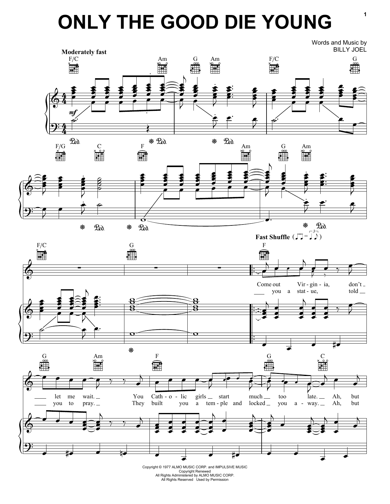Billy Joel Only The Good Die Young Sheet Music Notes & Chords for Lyrics & Piano Chords - Download or Print PDF