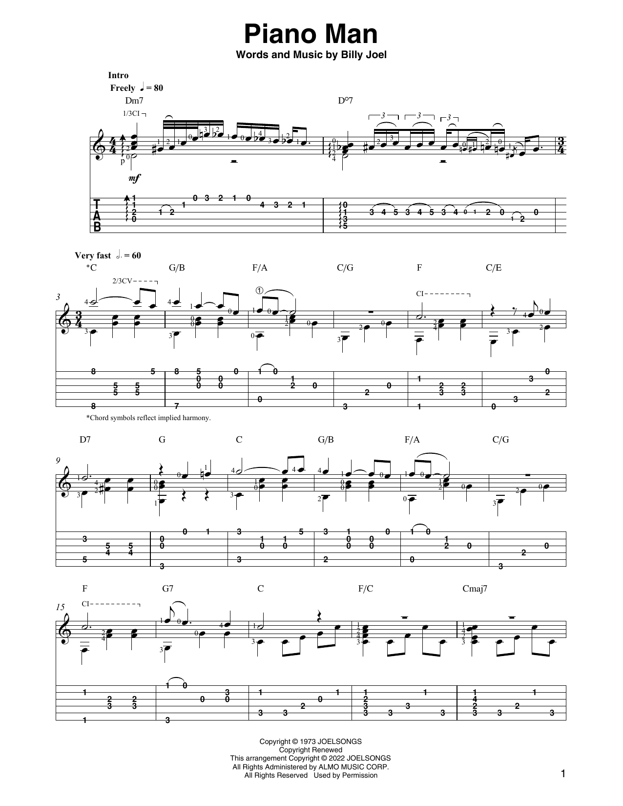 Billy Joel Piano Man (arr. Ben Pila) Sheet Music Notes & Chords for Solo Guitar - Download or Print PDF