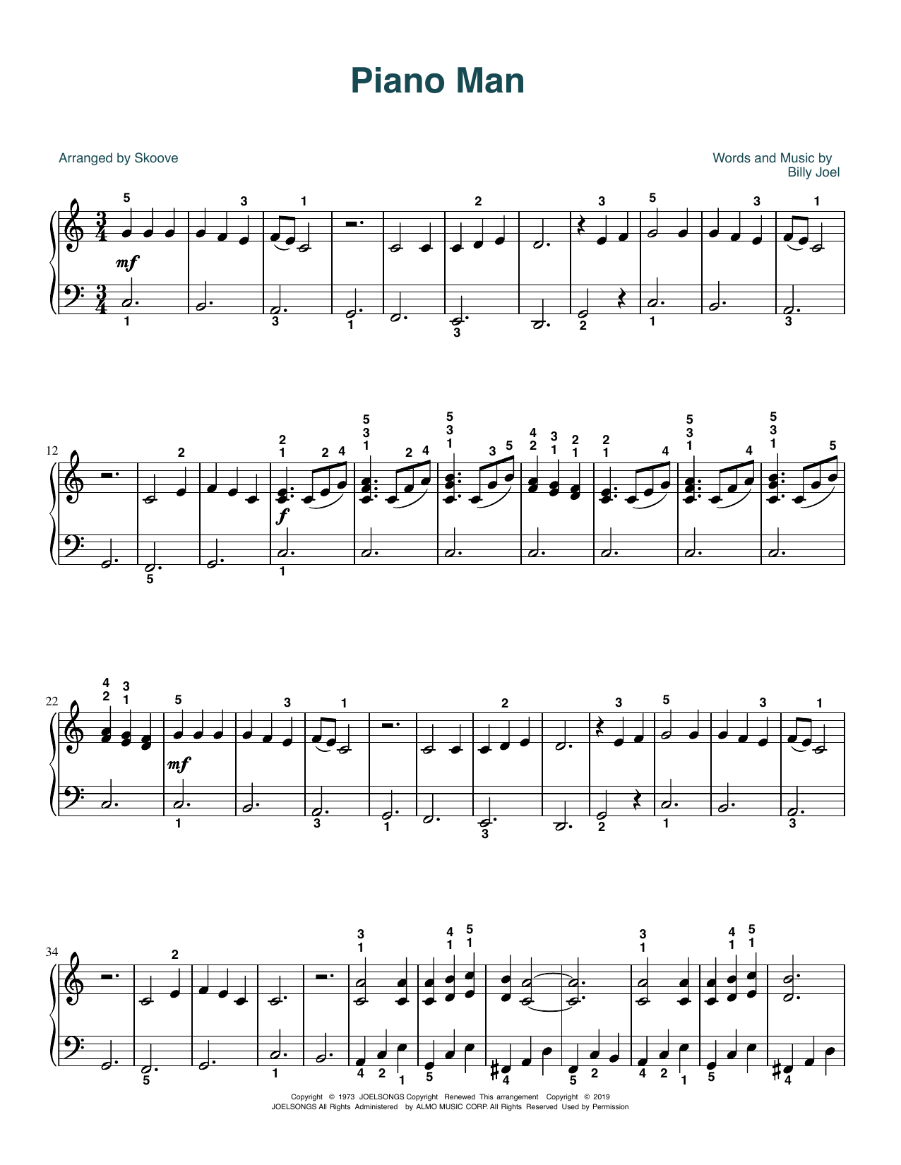 Billy Joel Piano Man (arr. Skoove) Sheet Music Notes & Chords for Easy Piano - Download or Print PDF