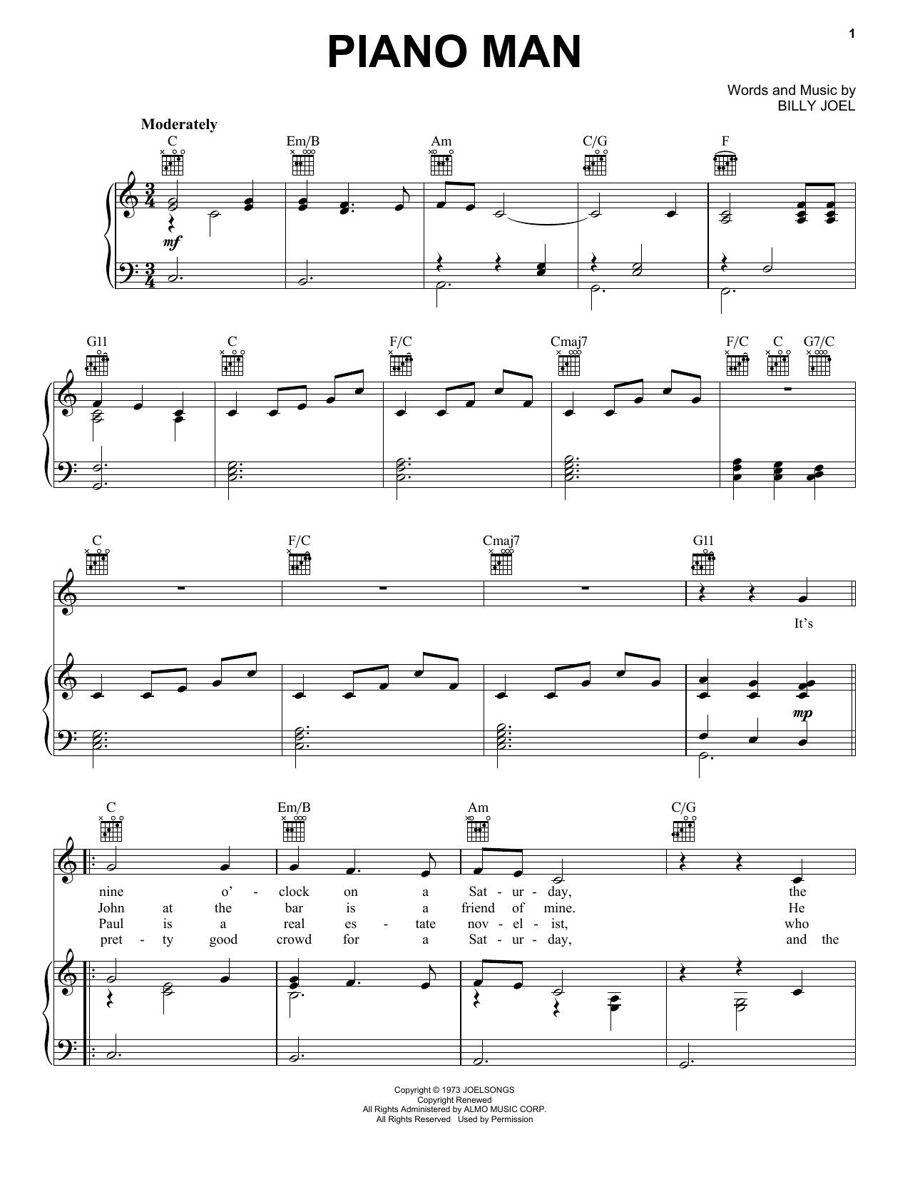 Billy Joel Piano Man Sheet Music Notes & Chords for Guitar Tab - Download or Print PDF