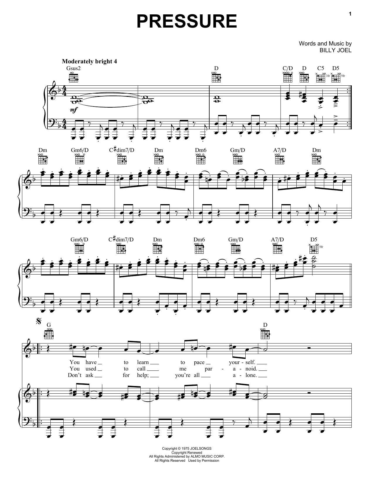 Billy Joel Pressure Sheet Music Notes & Chords for Lyrics & Piano Chords - Download or Print PDF