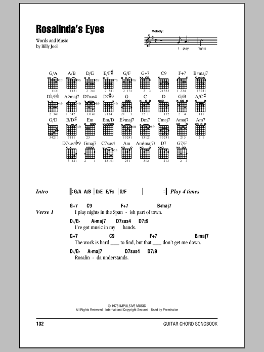 Billy Joel Rosalinda's Eyes Sheet Music Notes & Chords for Lyrics & Piano Chords - Download or Print PDF