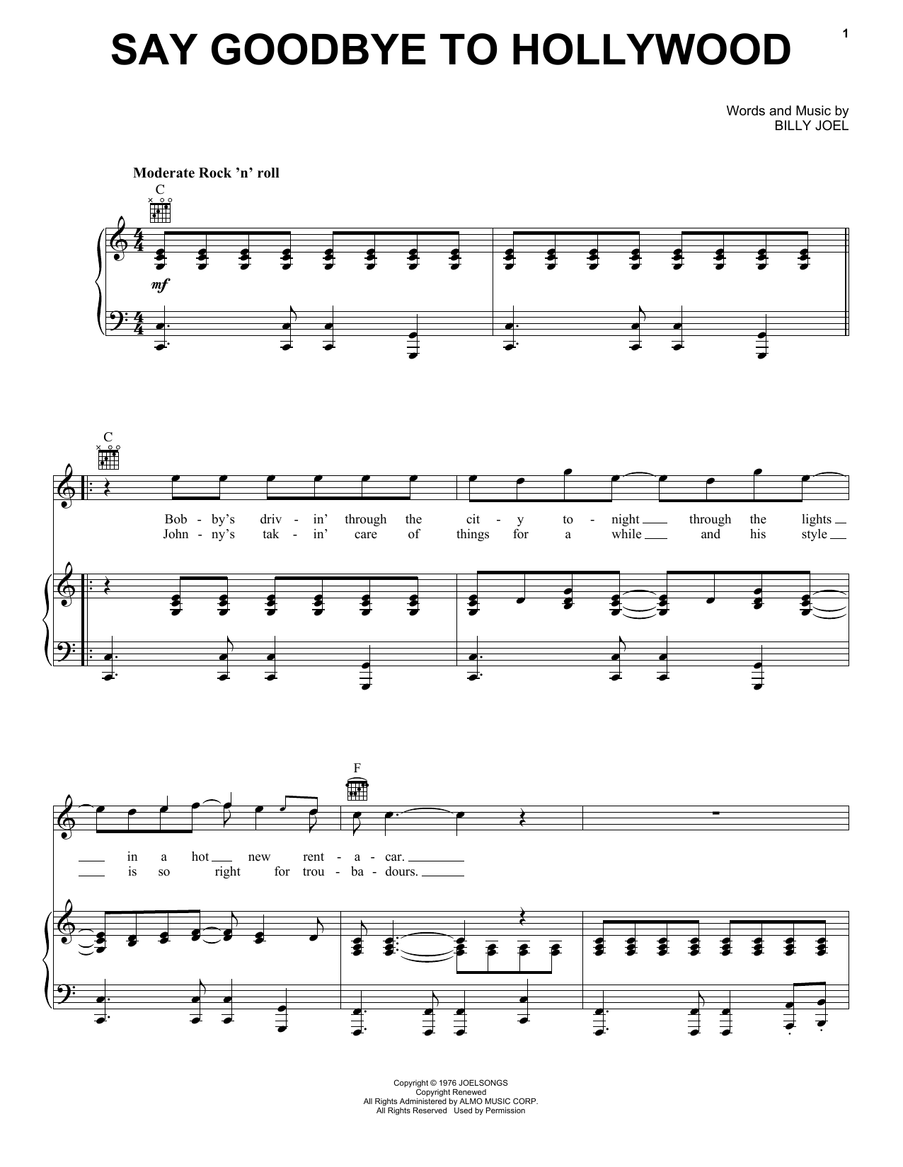 Billy Joel Say Goodbye To Hollywood Sheet Music Notes & Chords for Lyrics & Piano Chords - Download or Print PDF