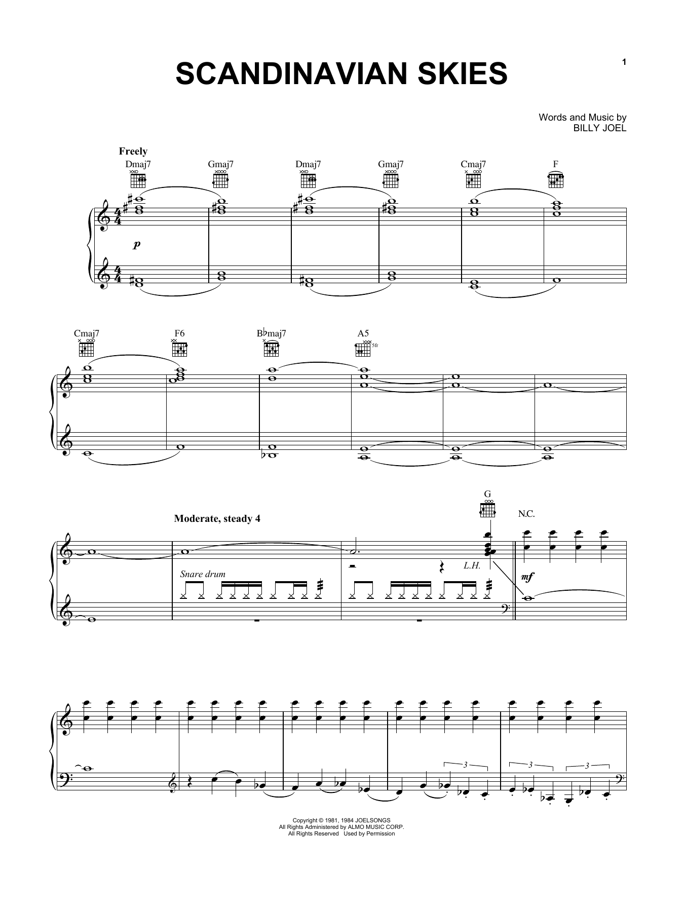 Billy Joel Scandinavian Skies Sheet Music Notes & Chords for Piano, Vocal & Guitar Chords (Right-Hand Melody) - Download or Print PDF