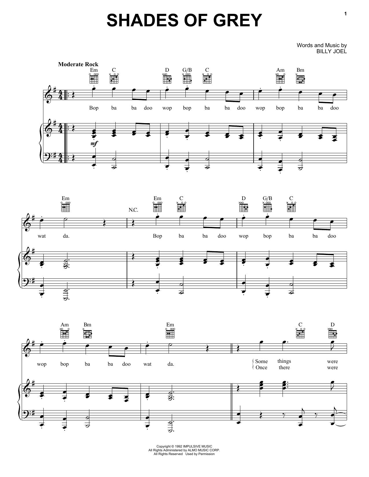 Billy Joel Shades Of Grey Sheet Music Notes & Chords for Piano, Vocal & Guitar Chords (Right-Hand Melody) - Download or Print PDF