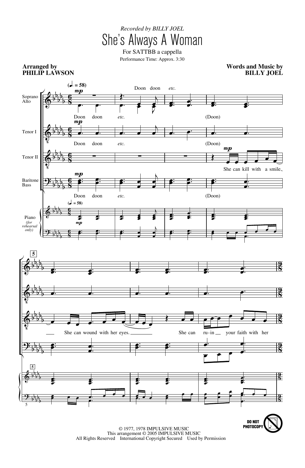 Billy Joel She's Always A Woman (arr. Philip Lawson) Sheet Music Notes & Chords for SATB Choir - Download or Print PDF