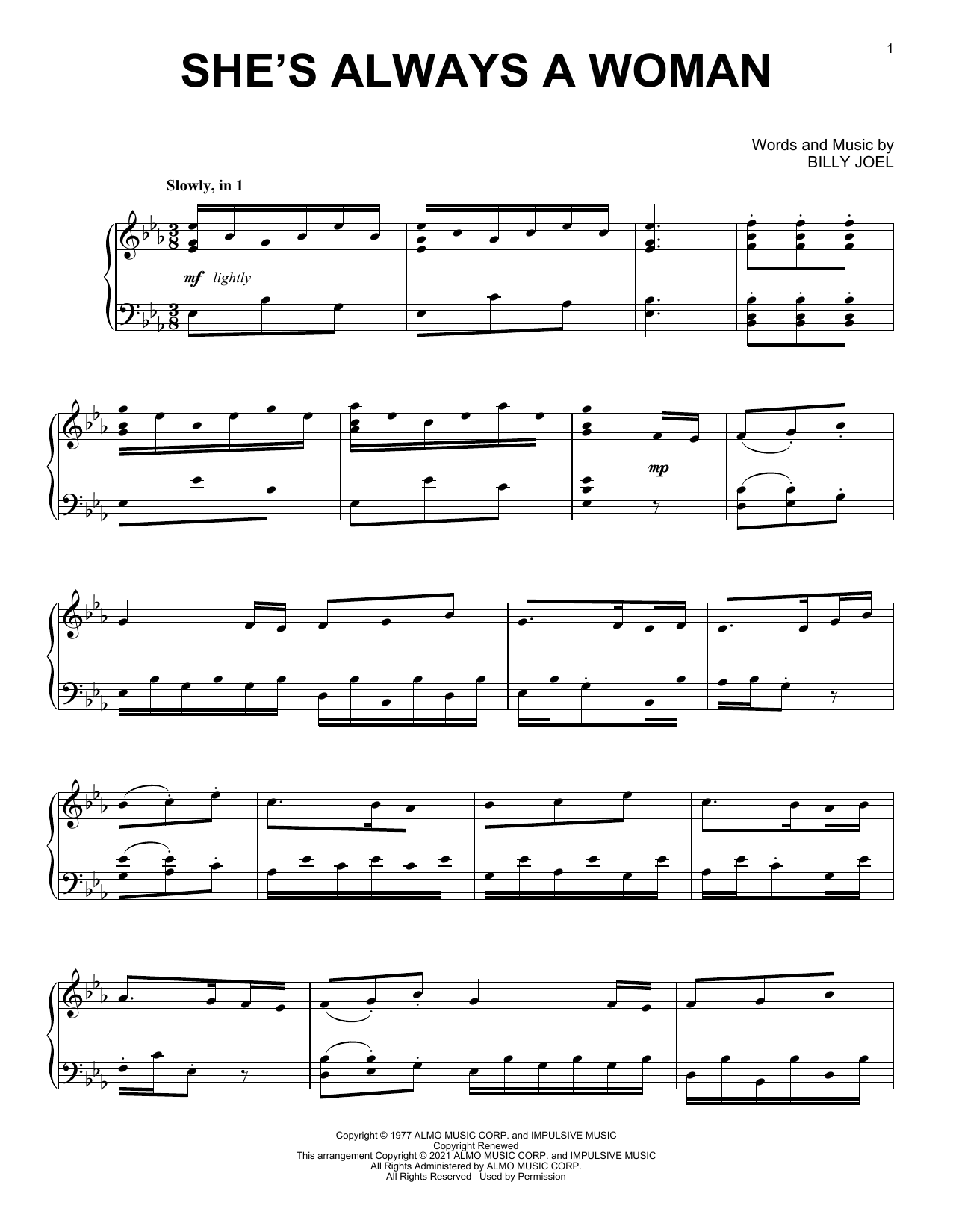 Billy Joel She's Always A Woman [Classical version] (arr. David Pearl) Sheet Music Notes & Chords for Piano Solo - Download or Print PDF