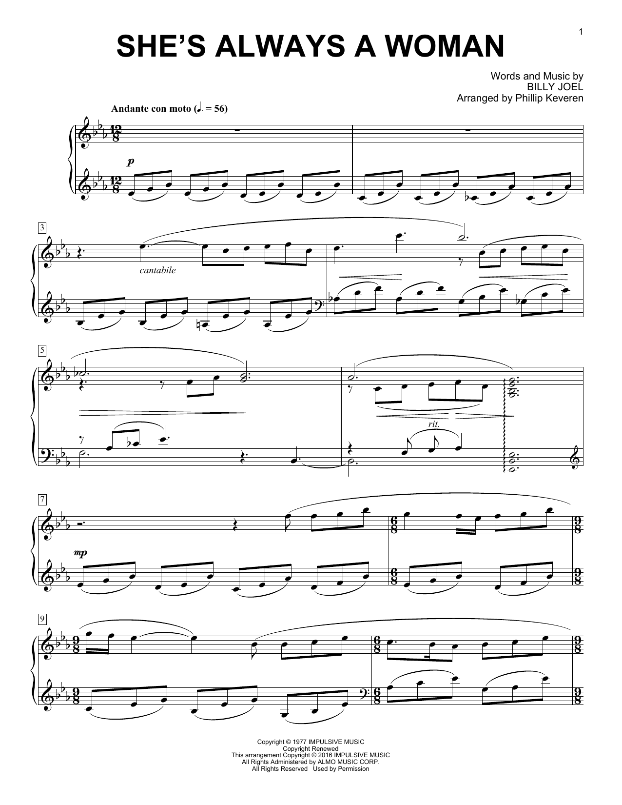 Billy Joel She's Always A Woman [Classical version] (arr. Phillip Keveren) Sheet Music Notes & Chords for Piano - Download or Print PDF