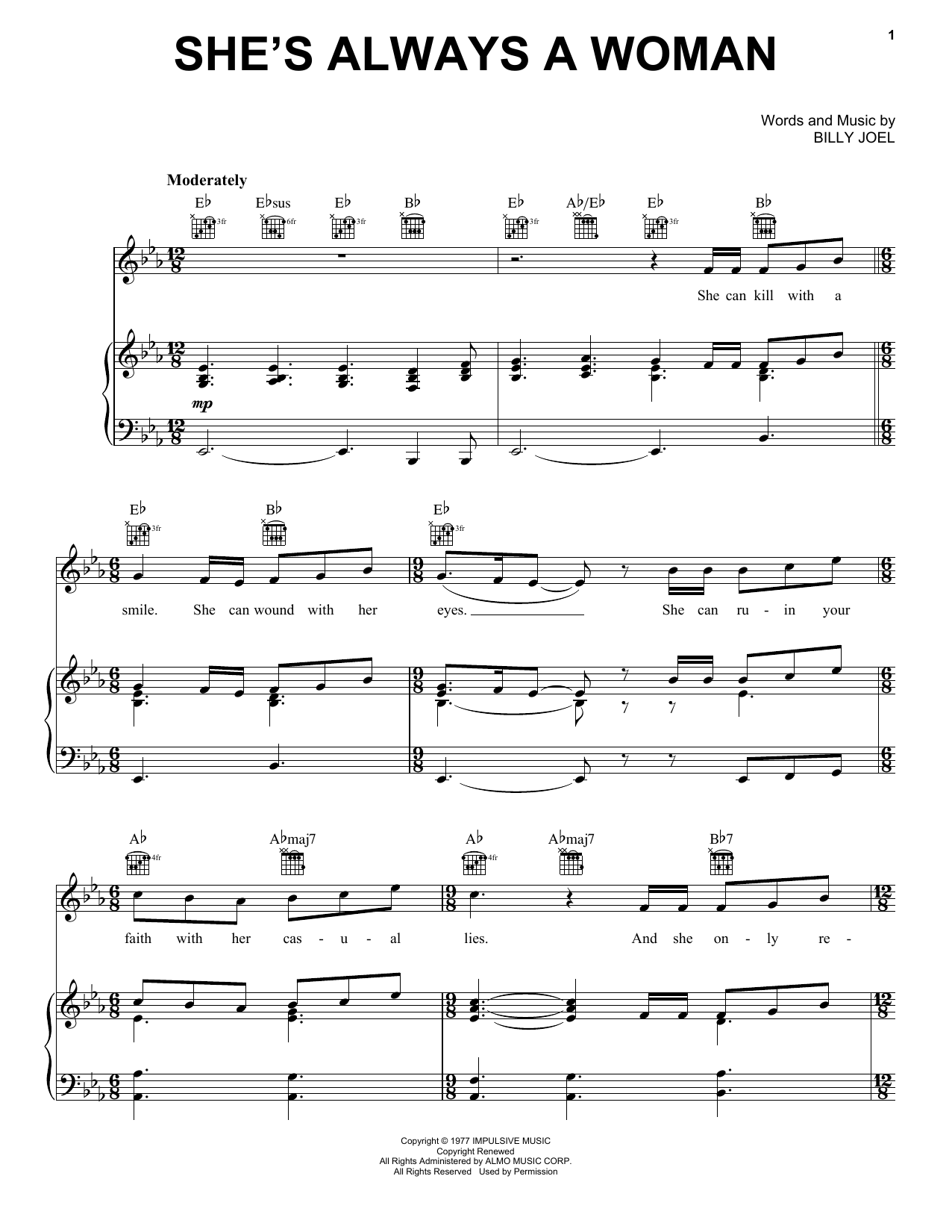 Billy Joel She's Always A Woman Sheet Music Notes & Chords for Lyrics & Piano Chords - Download or Print PDF