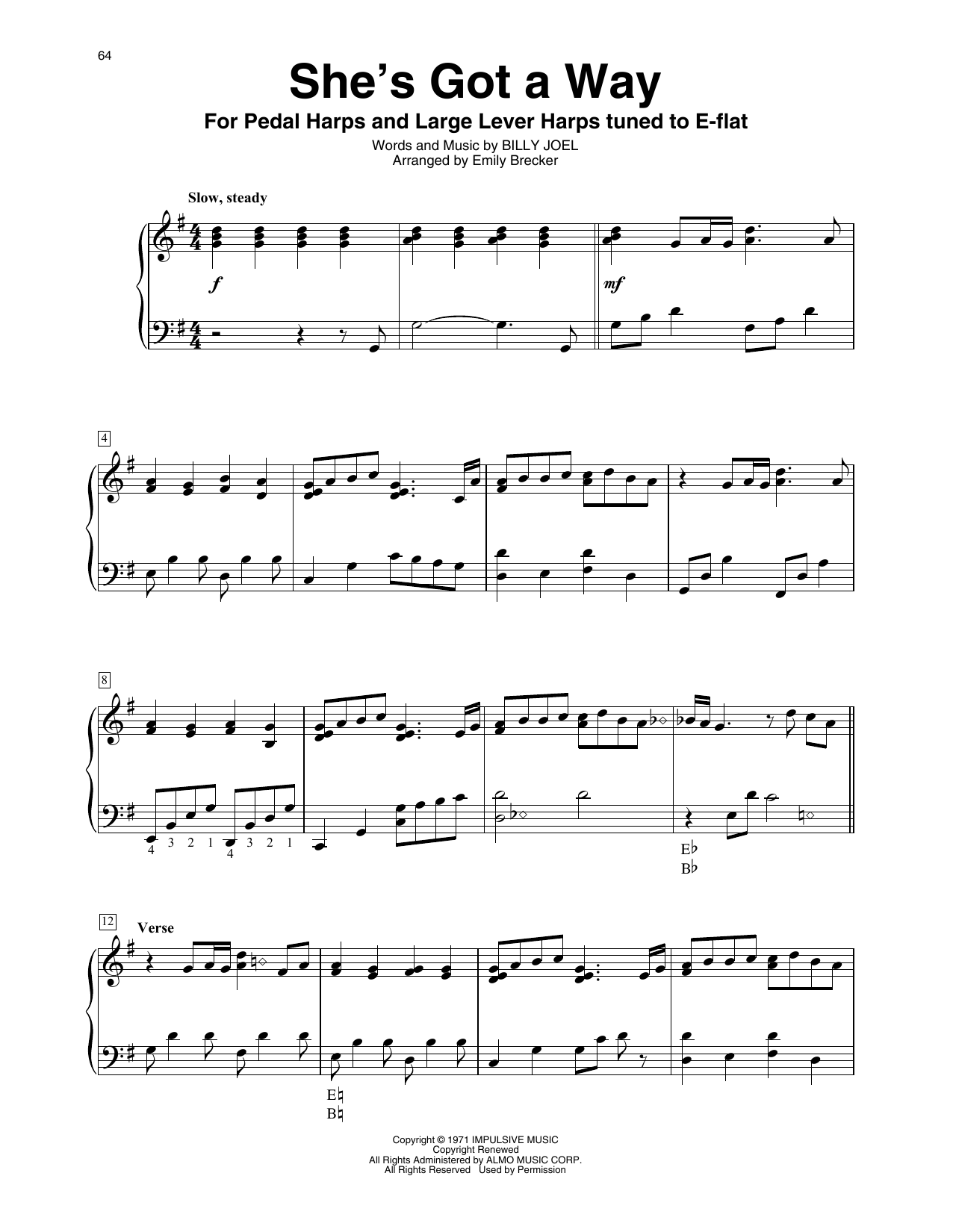 Billy Joel She's Got A Way (arr. Emily Brecker) Sheet Music Notes & Chords for Harp - Download or Print PDF