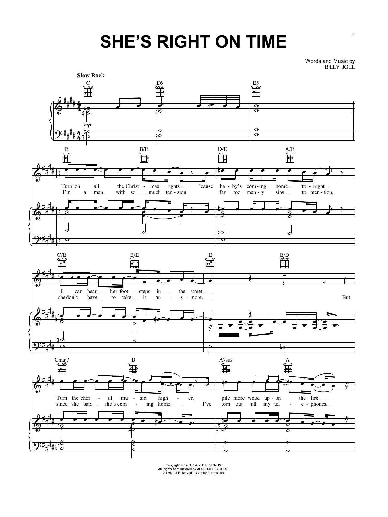 Billy Joel She's Right On Time Sheet Music Notes & Chords for Piano, Vocal & Guitar (Right-Hand Melody) - Download or Print PDF