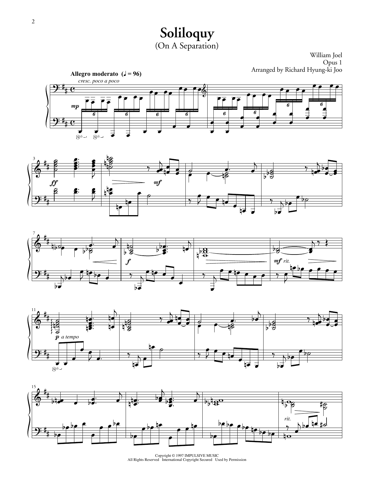 Billy Joel Soliloquy (On A Separation) Sheet Music Notes & Chords for Piano Solo - Download or Print PDF