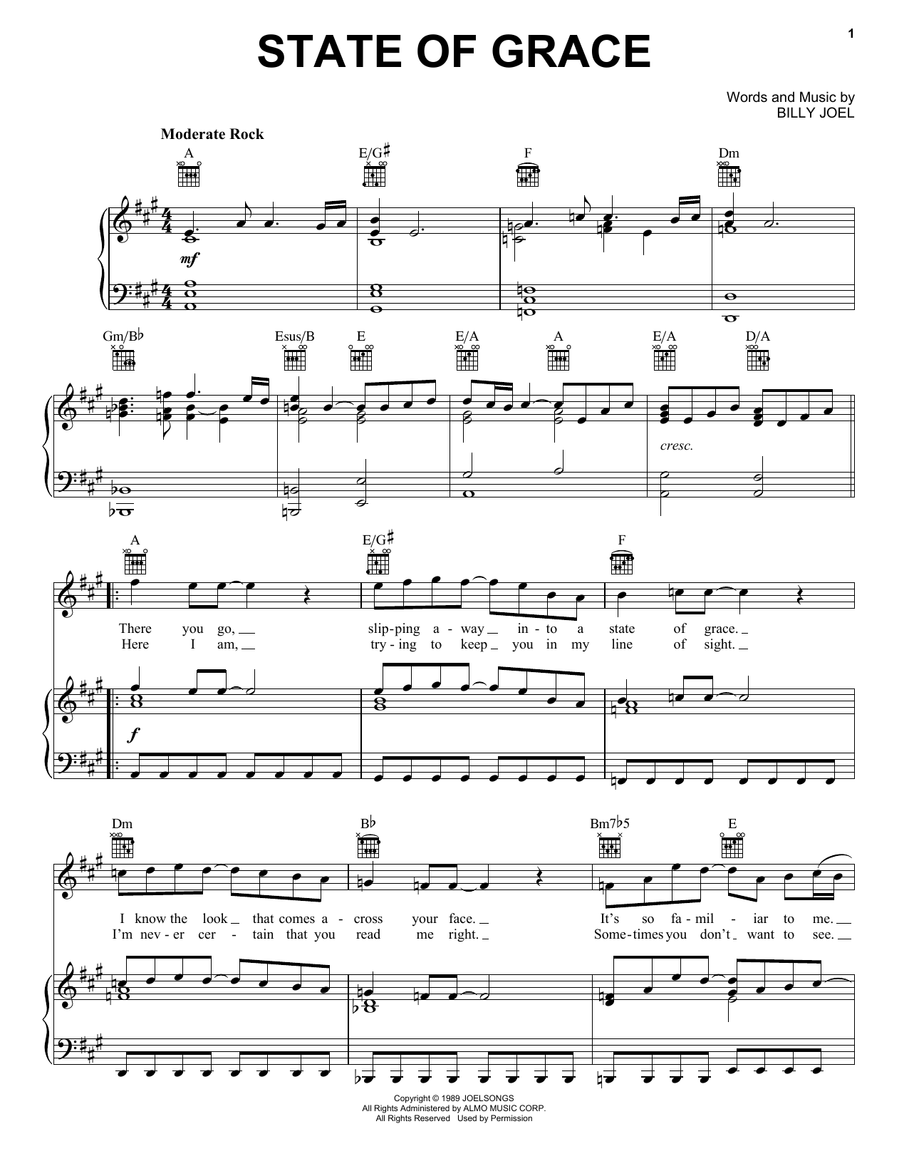 Billy Joel State Of Grace Sheet Music Notes & Chords for Piano, Vocal & Guitar (Right-Hand Melody) - Download or Print PDF