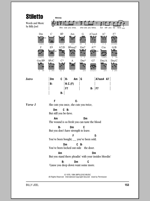 Billy Joel Stiletto Sheet Music Notes & Chords for Piano, Vocal & Guitar (Right-Hand Melody) - Download or Print PDF