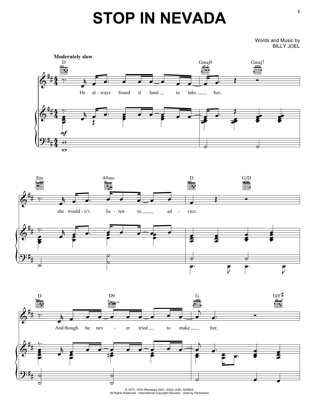 Billy Joel Stop In Nevada Sheet Music Notes & Chords for Piano, Vocal & Guitar (Right-Hand Melody) - Download or Print PDF