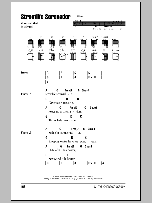 Billy Joel Streetlife Serenader Sheet Music Notes & Chords for Lyrics & Piano Chords - Download or Print PDF