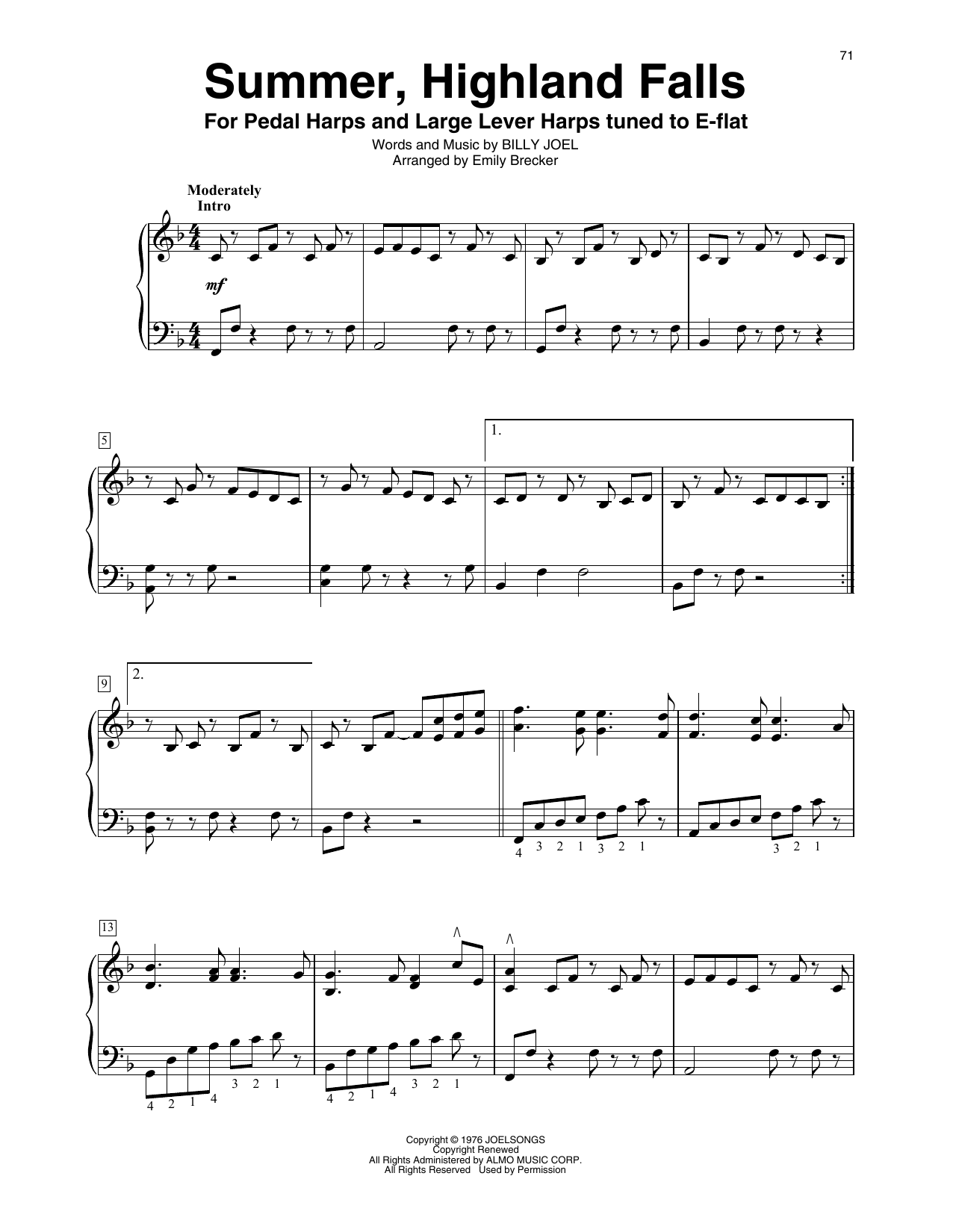Billy Joel Summer, Highland Falls (arr. Emily Brecker) Sheet Music Notes & Chords for Harp - Download or Print PDF